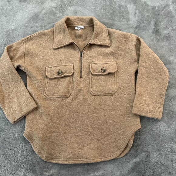 Madewell Boiled Wool Tan Popover Half Zip Sweater Women's XL - Picture 1 of 8